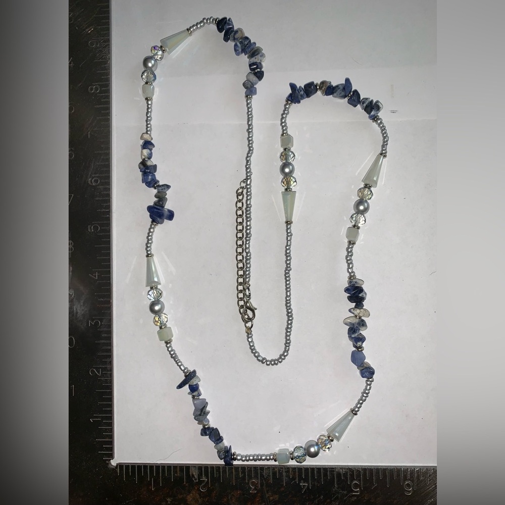 Ladies necklace - chunky blue stones/silver tone, 35-38 inch adjustable length